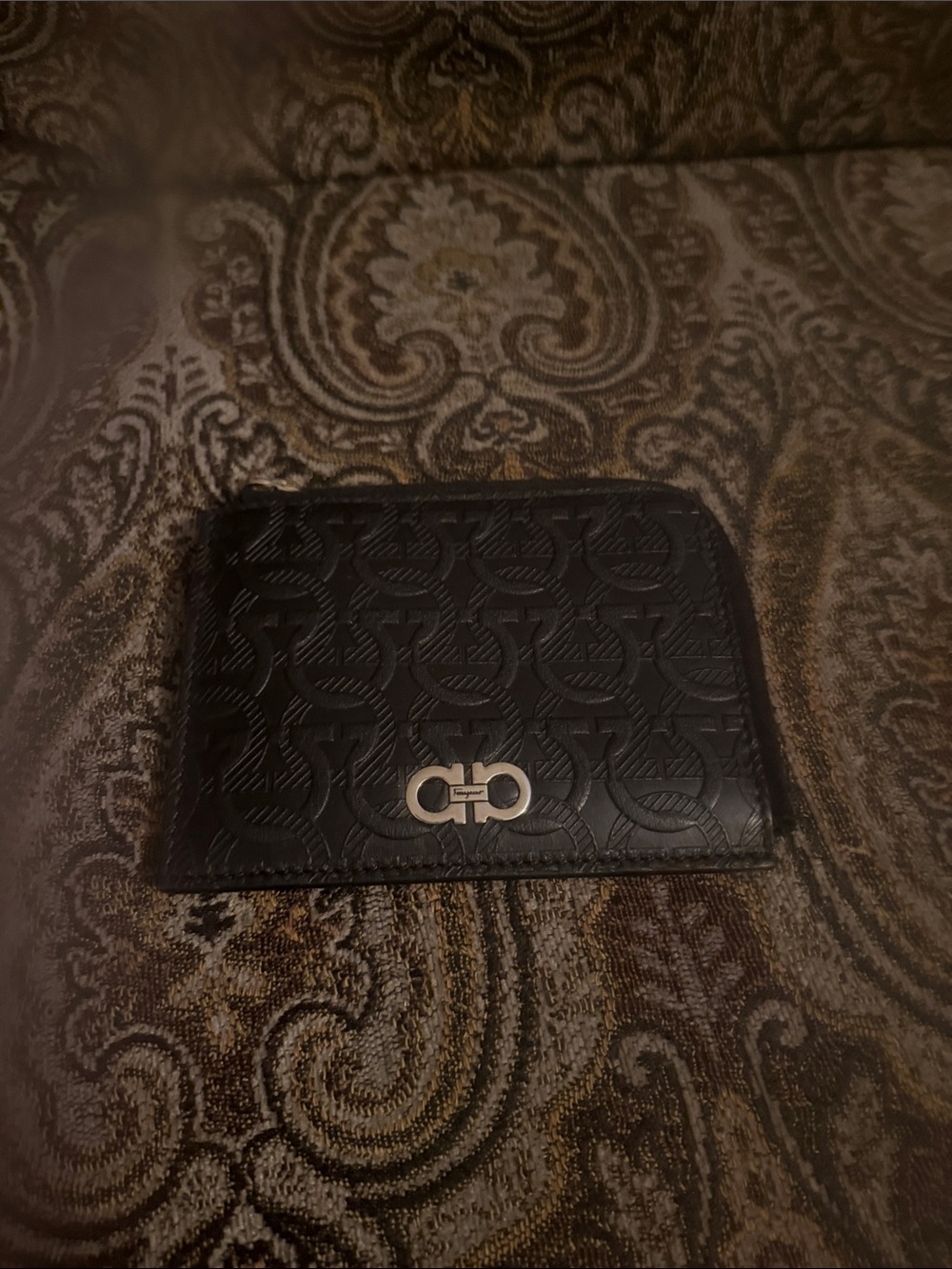 Salvatore Ferragamo Black Embossed Gancini Card Holder with Silver Logo